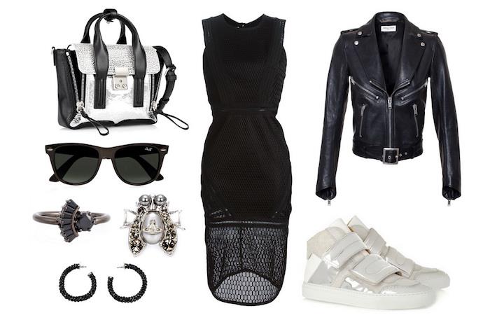 elegantna obleka, kako se ujema z njenimi oblačili v stilu rock, črna obleka do kolena in torbica v črni in srebrni barvi