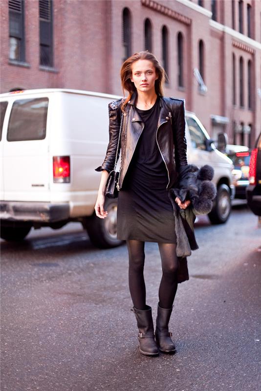 kako se dobro obleči, stil oblačenja za rock žensko, obleka do kolena in črna jakna