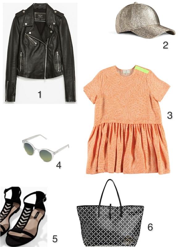 vestirsi-bene-spendendo-poco-borsa-sandali-maglietta-arancione-giacca-pelle-cappello-occhiali-da-sole