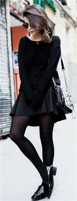 vestirsi-bene-spendendo-poco-donna-mini-gonna-nera-collant-mocassini-maglione-abiti-dark