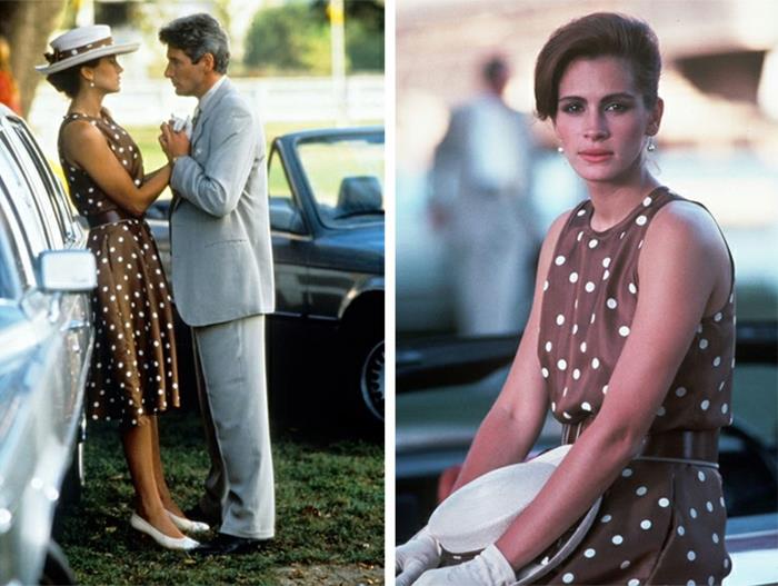 Julia Roberts su taškuota smuklės suknele, kadrai iš filmo „Pretty Woman“