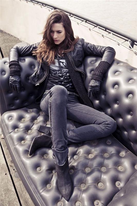 elegantna ženska obleka za motokros, žametni gležnji s temnimi ozkimi hlačami, dolga rjava frizura