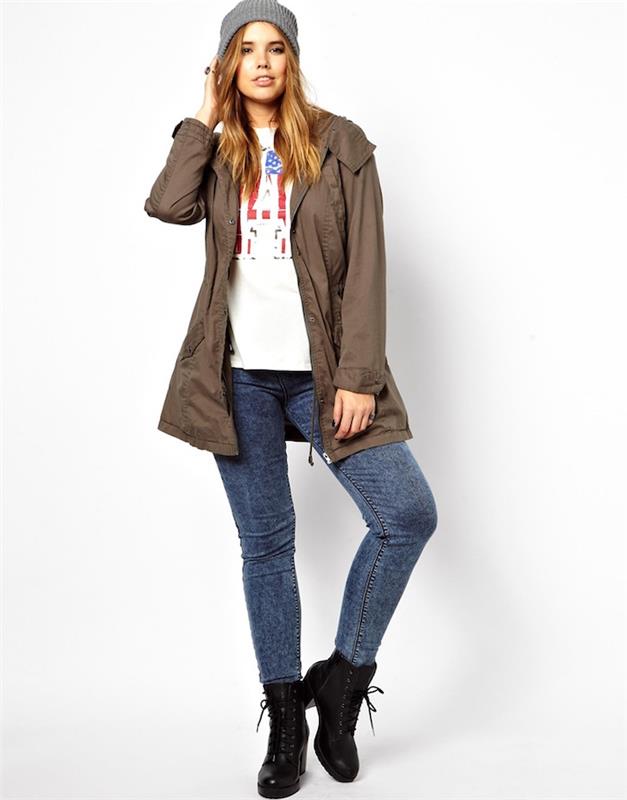 modna obleka v hipsterskem slogu za dekle s kaki jakno in klobukom