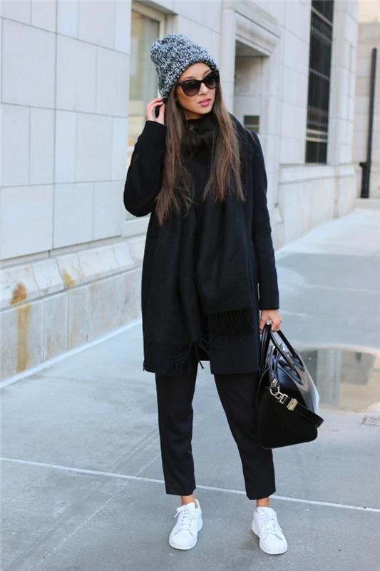 akan kadın pantolonu, siyah güneş gözlüğü, siyah çanta, beyaz spor ayakkabı, siyah eşarp