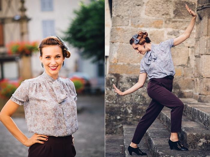 ženska srajca s trakom, črne hlače, retro elegantne hlače, pin-up valji in metulj modrih las