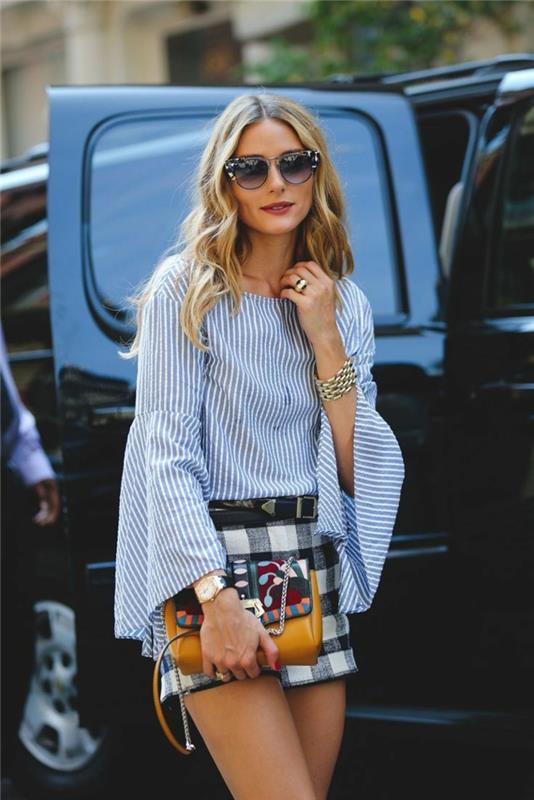 Olivia Palermo yağma giysiler, ilginç iki malzemeli çanta, verticlaes çizgili gömlek