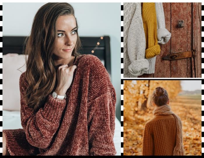 garstyčių geltono megztinio modeliai madinga mada 2019 m., platus megztinis rudos spalvos su pompominiais raštais