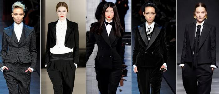 primer, kako nositi ženski smoking za posebno priložnost, elegantne ideje za obleko v črnem smokingu in tekoče hlače