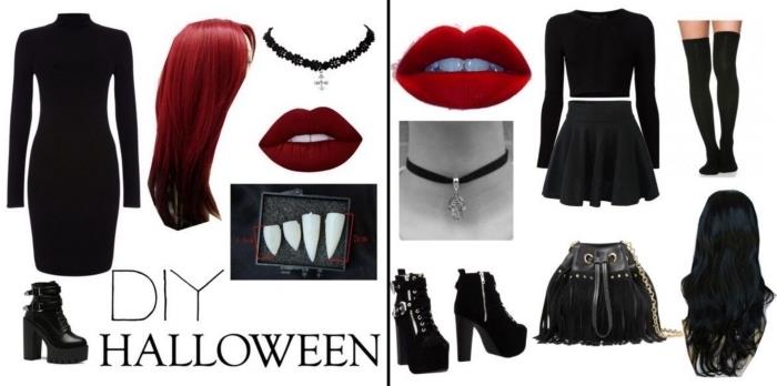 kokie drabužiai moteriai vampyrų aprangai, vampyrės moters Helovino išvaizda, suaugusiųjų Helovino kostiumo idėja