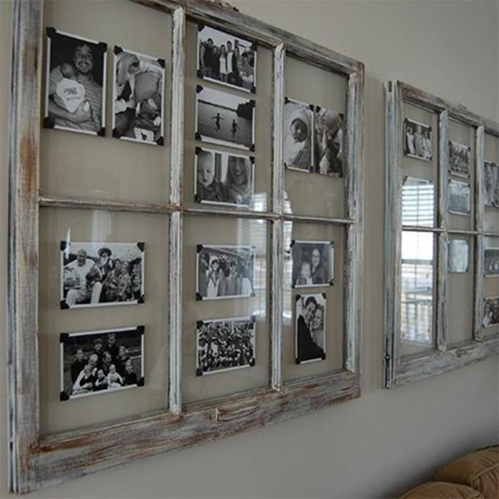 senas perdirbtas paveikslo rėmas paverčiamas pele-mele nuotraukų rėmeliu, užpildytu šeimos nuotraukomis