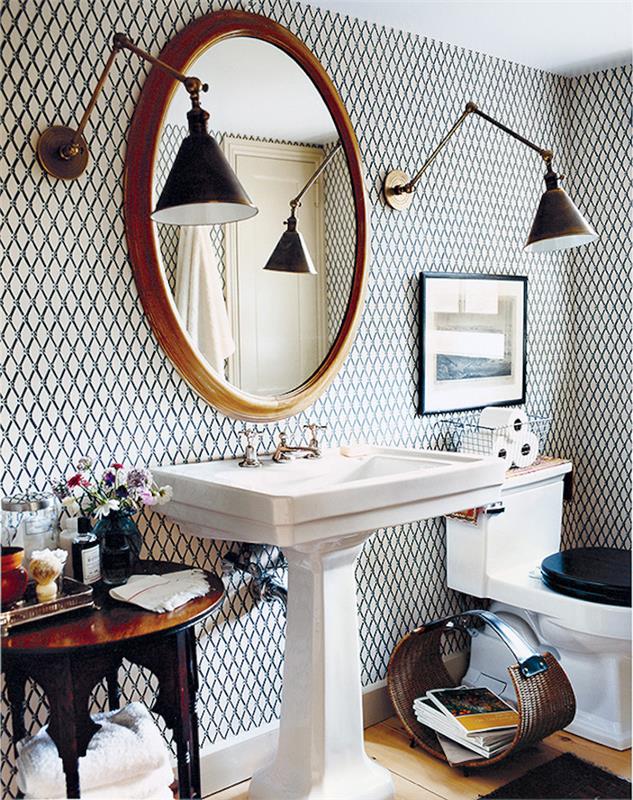 Vintage dizajn brez kopalniške omarice, najlepša kopalnica na svetu, okroglo ogledalo, kopalnica z belo in črno geometrijsko poslikano kopalnico