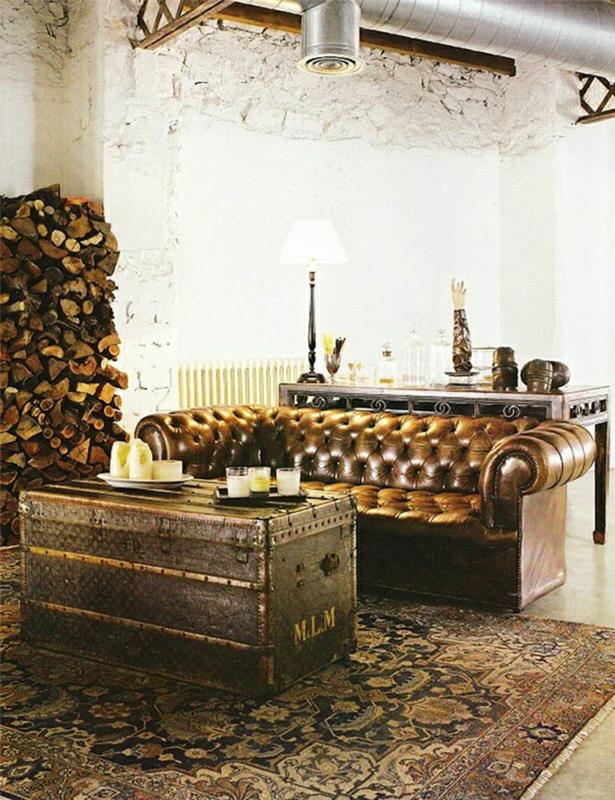 vintažinės odos svetainė-ruda-sofa-patogi-svetainė-spalvingas-kiliminis stalas