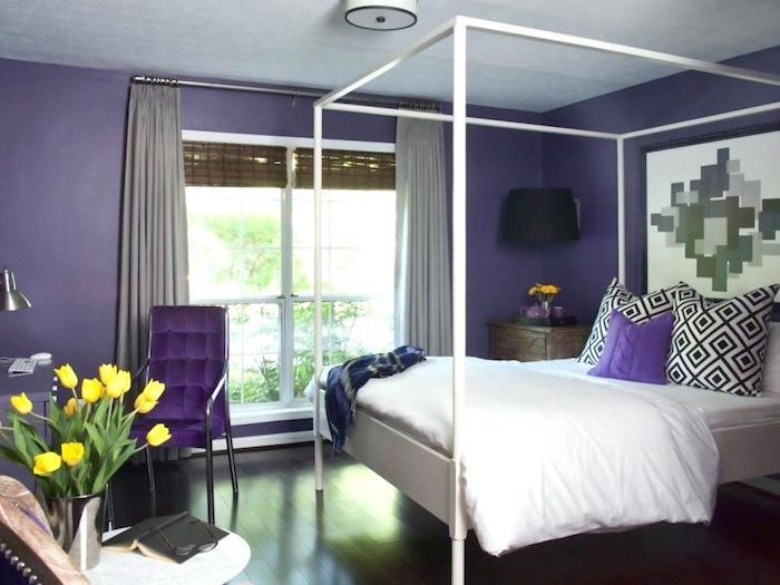 Dažų spalva miegamajam ideali suaugusiųjų miegamojo spalva šiaurietiško dizaino violetinė ir balta