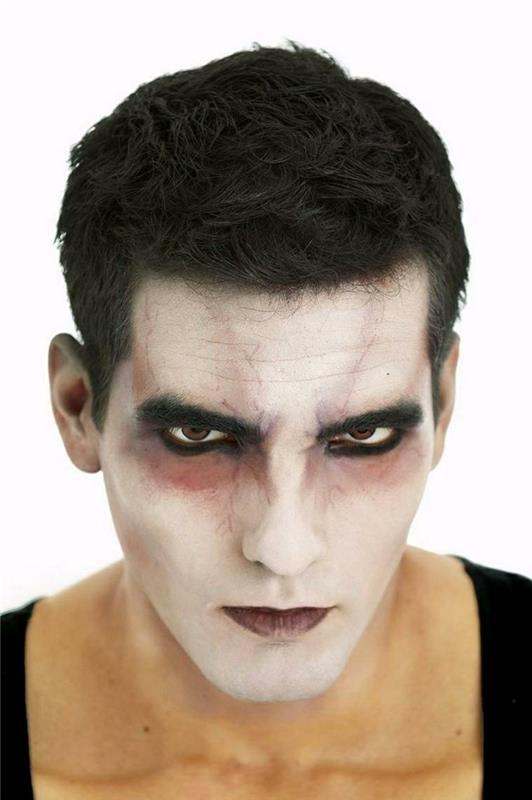 vyro veidas su Helovino makiažu, baltais veido dažais, tamsiais šešėliais, rudomis lūpomis, paprastu Helovino makiažu