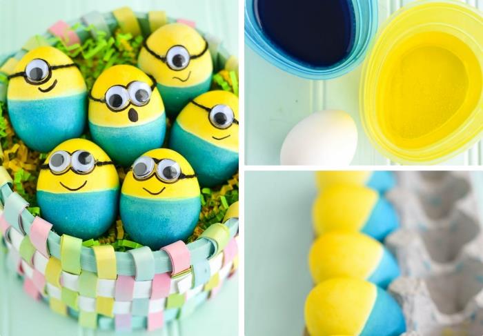 sevimli tasarımlı bir yumurta dekorasyonu fikri, yumurtaları sarı ve turkuaz renklendirme ve siyah kalemle bir yüz çizme