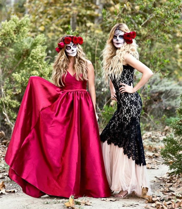 Helovino kostiumas moterims, Kalaveros skeleto veidas, balta bazė, juodos bruožai, elegantiškos suknelės, spalvotas boreau ir nespalvotas, rožių vainikai