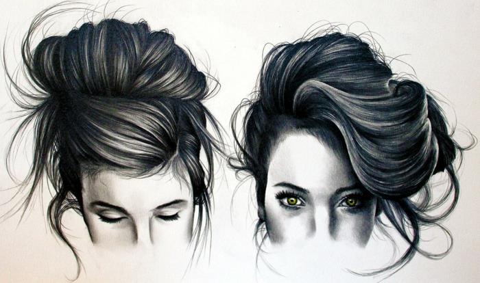 Disegno metà viso, disegno a matita di una donna, capelli legati mossi