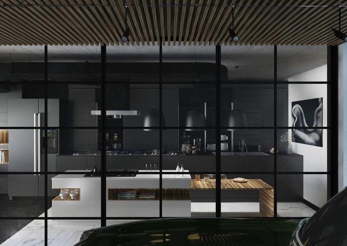 mat siyah ve ahşap mutfak dekorasyonu, sıçramalı lineer mutfak düzeni ve mat siyah üst üniteler, beyaz ve ahşap adalı siyah mutfak dekoru