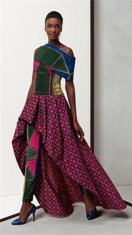 izvirna ženska oblačila, obleka v zeleni in lila voščeni tkanini, afriške hlače z vzorcem voska