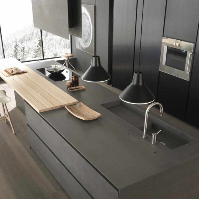 virtuvės išdėstymas anglies pilka spalva su metaline apdaila, virtuvės modeliai su dideliais langais