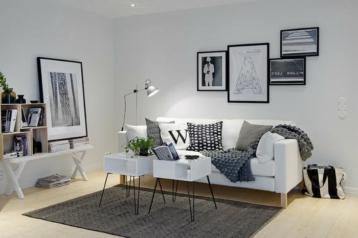 balta sofa, įrėmintas pakabinamas menas, pilkas kilimas, pilkos spalvų schemos, balti maži žurnaliniai staliukai, medinės grindys