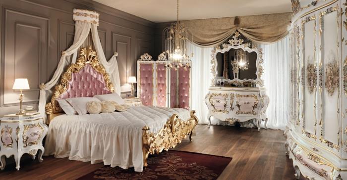 ucuz barok mobilyalar, eski patinalı gardırop, kırmızı halı, beyaz tuvalet masası