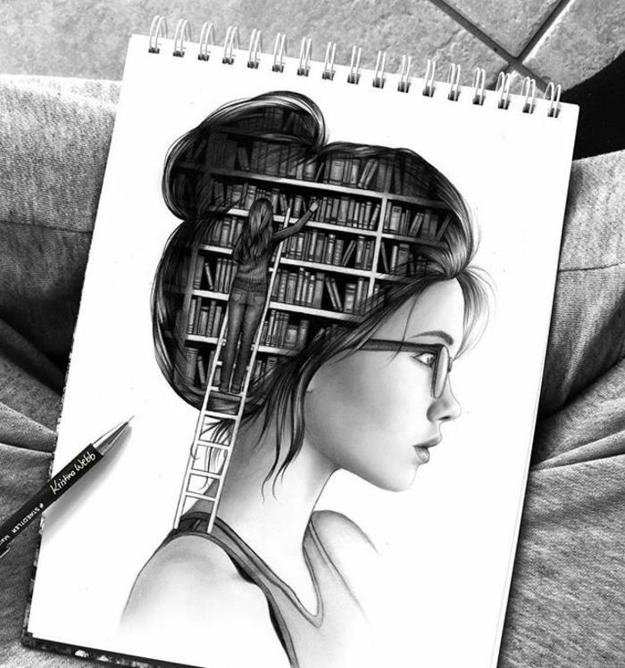 kız çizim, siyah beyaz eskiz, bir kütüphane ile kız, kafasının içinde, beyaz eskiz defteri