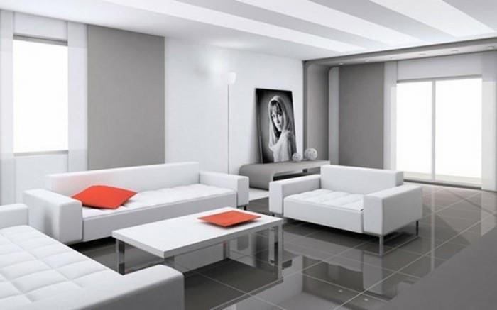 baltos sofos, baltos ir pilkos sienos, gražios svetainės, oranžinė pagalvė ir padėklas