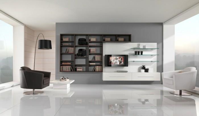 medinė knygų lentyna, gražūs gyvenamieji kambariai, juoda ir balta, odiniai foteliai, baltos plytelės, minimalistinis dizainas