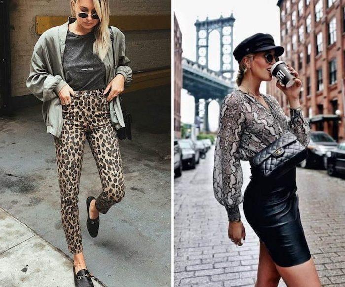 vzporedne fotografije dveh žensk z različnimi oblekami, trendi oblačil 2019, hlače z leopardovim tiskom, bluza s kačjo kožo