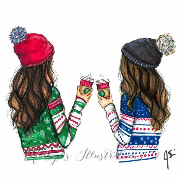 iki kız, noel kazakları giyiyor, starbucks kupaları tutuyor, sevimli çizimler, kışlık şapka takan kızlar