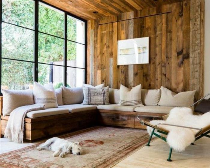 šuo miega ant išblukusio dekoratyvinio kilimo kambario viduje su dideliu langu ir medinėmis dailylentėmis ant sienų ir lubų, baldai iš padėklų ir kėdė su puriu baltu metimu