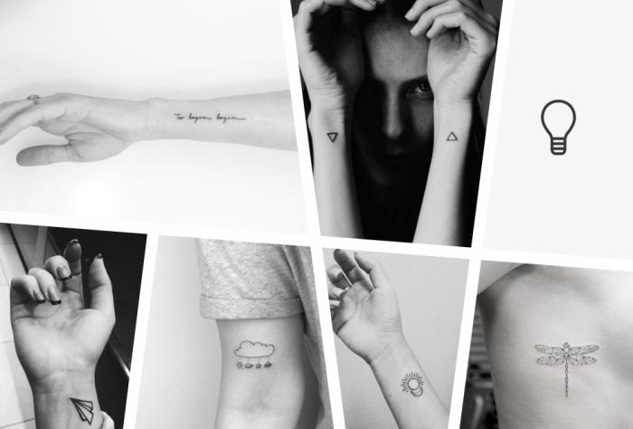 preprosta tetovaža, črno -bele fotografije, foto kolaž, različni slogi, tetovaže na zapestju in roki