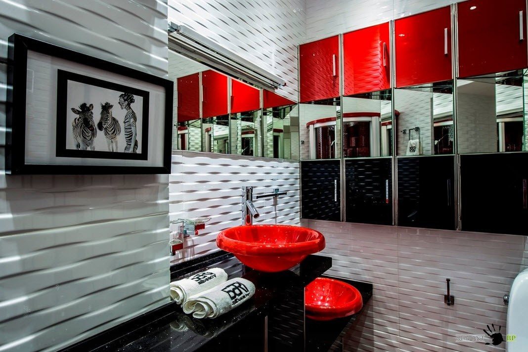 Vonios kambarys raudonos, juodos ir baltos spalvos derinyje