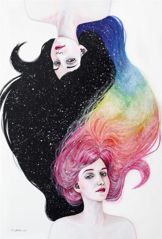risba dveh deklet z dolgimi lasmi, yin in yang, črnimi in barvitimi lasmi, kako enostavno narisati dekle