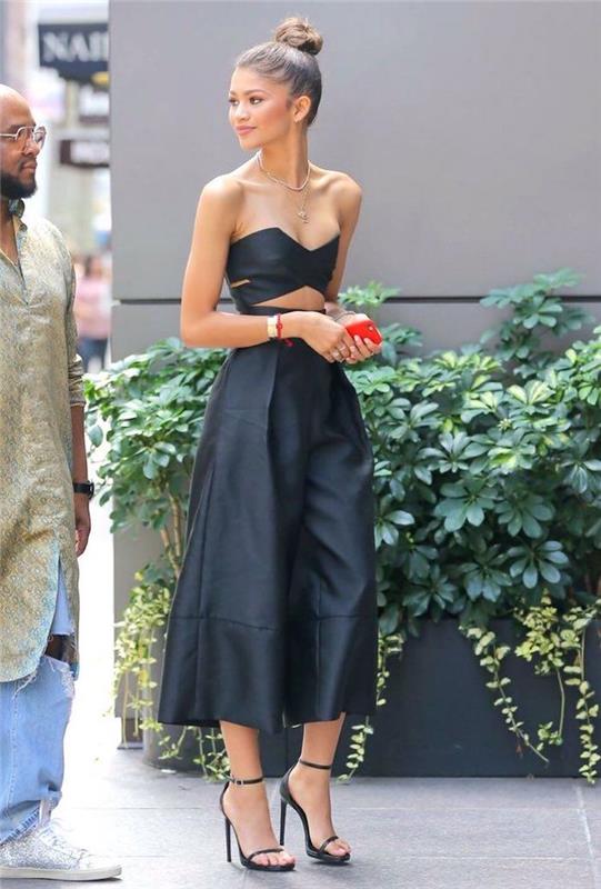 „zendaya“ su bustier kostiumu ir platėjančiomis kelnėmis modernūs paauglių stiliaus drabužiai mergaitėms