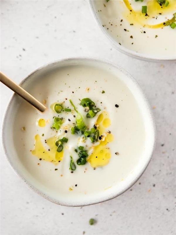 Minestra frullata con filo d'olio, piatto guarnito con cipolla verde, vellutata di verdure miste